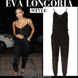Theory Silk Black Jumpsuit Pockets Sz L Romper Spaghetti Straps ASO Eva Longoria